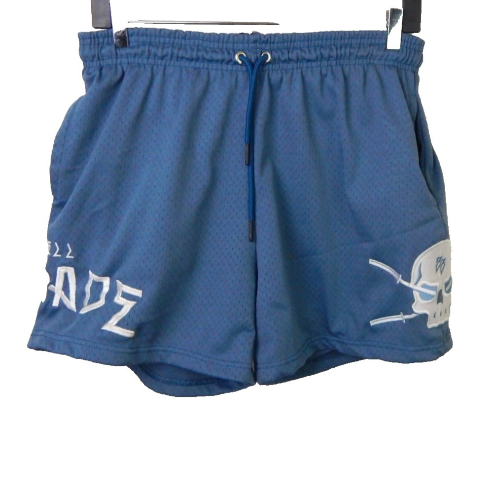Barbell Brigade Shorts Block Mesh Embroidered Skull Blue Gray Gym